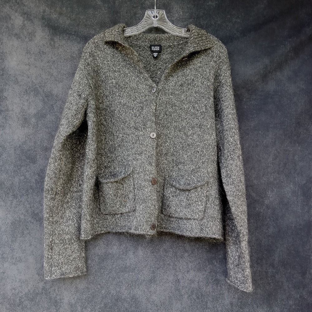 Eileen Fisher Wool‎ Mohair Alpaca Italian Yarn Button Front Knit Cardigan Sz. M